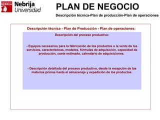 PLAN DE NEGOCIO
Descripción técnica - Plan de Producción - Plan de operaciones:
Descripción del proceso productivo:
- Equipos necesarios para la fabricación de los productos o la venta de los
servicios, características, modelos, fórmulas de adquisición, capacidad de
producción, coste estimado, calendario de adquisiciones.
- Descripción detallada del proceso productivo, desde la recepción de las
materias primas hasta el almacenaje y expedición de los productos.
Descripción técnica-Plan de producción-Plan de operaciones
 