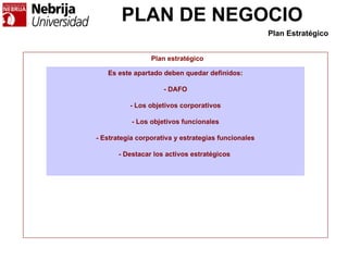 PLAN DE NEGOCIO
Plan estratégico
Es este apartado deben quedar definidos:
- DAFO
- Los objetivos corporativos
- Los objetivos funcionales
- Estrategia corporativa y estrategias funcionales
- Destacar los activos estratégicos
Plan Estratégico
 