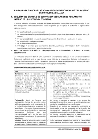 UGEL ASCOPE|SISEVE -MINEDU 3
PAUTAS PARA ELABORAR LAS NORMAS DE CONVIVENCIA EN LA IE Y EL ACUERDO
DE CONVIVENCIA DEL AULA
1. ESQUEMA DEL CAPÍTULO DE CONVIVENCIA ESCOLAR EN EL REGLAMENTO
INTERNO DE LA INSTITUCIÓN EDUCATIVA
El director, mediante Resolución Directoral, aprueba el Reglamento Interno de la institución educativa, el cual
debe incorporar las normas de convivencia escolar. Sugerimos que el Capítulo de las Normas se organice de la
siguiente manera:
 De la definición de la convivencia escolar.
 De los integrantes de la comunidad educativa (estudiantes, directivos, docentes y no docentes, padres de
familia).
 De la organización de la convivencia escolar, la prevención de la violencia y la atención de casos.
 De los estímulos y medidas correctivas.
 De las normas de convivencia.
 Del código de conducta para los directivos, docentes, auxiliares y administrativos de las instituciones
educativas que contribuye a la convivencia escolar.
2. ANTES DE ELABORAR LAS NORMAS DE CONVIVENCIA: RELACIÓN DE LOS EJES CON LAS NORMAS Y ACUERDOS
DE CONVIVENCIA
Las normas de convivencia de la IE y los Acuerdos de Convivencia de cada aula no son una actualización del
Reglamento tradicional; sino se trata de una nueva visión de la convivencia y disciplina en la escuela. A
continuación presentamos un cuadro, con algunos ejemplos, en donde se puede apreciar la relación que hay o
debe haber entre los Ejes de la Convivencia y las Normas propiamente dichas.
EJES NORMAS Y ACUERDOS DE CONVIVENCIA
EJES NORMAS DE CONVIVENCIA
Democracia: donde se reconozca y se
defienda de manera proactiva los derechos
humanos de todos los integrantes de la
comunidad educativa, adoptándose un
enfoque de derechos a nivel pedagógico e
institucional, promoviendo espacios de
diálogo y negociación, sistemas de
comunicación efectiva y la búsqueda continua
del consenso entre los diferentes actores de la
institución educativa.
• Se trata que los estudiantes vivan la experiencia de que las
normas respetan sus derechos y que ellos aprenden a
respetar el derecho de los demás. Ejemplos:
o No hay maltrato físico ni trato humillante y se dice de
manera explícita.
o No toman sin autorización las cosas de los
compañeros.
o Durante el proceso de elaboración se promueve el
respeto a los que tienen opiniones diferentes.
o Se explicita que los conflictos son oportunidades de
crecimiento personal y comunitario.
o Las normas y acuerdos deben establecer los espacios y
modos de participación.
Participación: donde se fomente una
participación efectiva de las niñas, niños,
adolescentes y adultos en la construcción de
la institución educativa como un espacio de
aprendizaje y formación intergeneracional,
promoviendo la conformación de instancias
participativas legítimas, con una
representatividad real y en las que esté
garantizado el cumplimiento de los acuerdos
y decisiones.
• Las normas y acuerdos se elaboran en un proceso de
participación en donde se escucha la opinión y se tiene en
cuentas las necesidades e intereses de todos
• Después de un proceso de elaboración participativo y
consensuado, y una vez aprobadas por la Dirección, las
normas de la IE y los acuerdos de aula son vinculantes para
todos los integrantes de la comunidad educativa.
• Las normas y acuerdos garantizan la organización de la
participación estudiantil a nivel de IE y de aula.
Inclusión: donde las relaciones institucionales
y pedagógicas se orienten hacia la valoración
activa y la atención adecuada de la diversidad
• En las normas de convivencia a nivel de IE y aula deben
quedar explícita, señalando casos concretos tomados del
 
