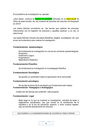 26
Si el problema de investigación es: ejemplo
¿Qué efecto produce la ingesta de azúcares refinados en la salud bucal de
niños de edad escolar, de una muestra de escuelas del suburbio de Guayaquil
en 2012?
Las bases teóricas consistirían en las teorías que explican los procesos
relacionados con la ingestión de azúcares y aquellas explican, a su vez, la
salud bucal.
Las bases teóricas incluyen las bases filosóficas, legales, sociológicas, etc. que
sirven de fundamento para realizar la investigación.
Fundamentación epistemológica
Se fundamenta la investigación en una de las corrientes epistemológicas
Empirismo
Positivismo Lógico
Pragmatismo
Materialismo Dialectico
Fundamentación Filosófica
Se fundamenta la investigación en la pedagogía filosófica
Fundamentación Sociológico
Se escribe un comentario sobre la apreciación de la comunidad
Fundamentación psicológica
Se escribe la teoría de la psicología que fundamenta este trabajo
Fundamentación Pedagógica o Andragógica
Cuáles son las teorías que sustentan este proyecto,
Fundamentación Legal
Base legal en la que se sustenta la investigación, extraída de leyes o
reglamentos actualizados, hay que revisar en la constitución de la
república y en la ley de educación superior, y otros cuerpos legales,
aquí se escribe textualmente los artículos.
SELECCIONAR 3 o 4 FUNDAMENTACIONES DE ACUERDO AL TEMA A TRATAR
 