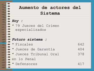 Aumento de actores del Sistema Hoy :   79 Jueces del Crimen especializados Futuro sistema : Fiscales 642 Jueces de Garantía 404 Jueces Tribunal Oral  378 en lo Penal Defensores 417 