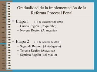 Gradualidad de la implementación de la Reforma Procesal Penal Etapa 1  (16 de diciembre de 2000) Cuarta Región  (Coquimbo) Novena Región (Araucanía) Etapa 2  (16 de octubre de 2001) Segunda Región  (Antofagasta) Tercera Región (Atacama) Séptima Región (del Maule) 