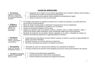 CAUSAS DEL IMPERIALISMO:
    Económicas:                        Necesidad de la industria de los países desarrollados (q...