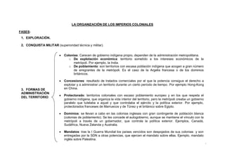 LA ORGANIZACIÓN DE LOS IMPERIOS COLONIALES

FASES:
 1. EXPLORACIÓN.

 2. CONQUISTA MILITAR (superioridad técnica y militar...