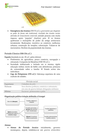 Prof. Eduardo F. Sallenave
 Emergência das tiranias (VII-VI a.C.): governantes que chegaram
ao poder de forma não tradicional; resultado das tensões sociais
advindas do renascimento comercial; amiúde pessoas com muita
riqueza; apoio "popular" (hoplitas) pois  os tiranos
quebraram o monopólio de poder da antiga aristocracia
terratenente. Realizações: incentivo ao comércio; melhorias
urbanas; construção de templos; colonização. Valiam-se de
mercenários. Declínio da popularidade das tiranias.
Período Clássico (500-336 a.C.)
Esparta (fundada no séc. IX a.C. pelos dórios):
 Predomínio da agricultura, pouco comércio, navegação e
artesanato. Conquista da Messênia (VIII-VII a.C.).
 Sociedade militarizada e fechada em si mesma; rígida
educação militar; morte de bebês com deficiências; primazia
da comunidade sobre a família  Estado acima dos
indivíduos.
 Liga do Peloponeso (570 a.C.): liderança espartana de uma
coalizão de cidades.
Divisão social
Espartanos Cidadãos da pólis
Periecos Sem direitos políticos; comércio e artesanato;
em caso de guerra tinham obrigações militares
Hilotas Escravos pertencentes à pólis
Organização política (criação atribuída a Licurgo)
Atenas:
 Atenas do Período Arcaico: inicialmente, governo
monárquico, depois, estabelece-se um governo aristocrático
Dois reis (diarquia)
Funções religiosas e
militares
Ápela (assembleia
composta por todos os
cidadãos) elegia:
Conselho de Anciãos, a
gerúsia (28 membros
com + de 60 anos)
Funções legistativas e
judiciárias
Eforato (5 membros
eleitos anualmente)
Funções administrativas
e política externa
 