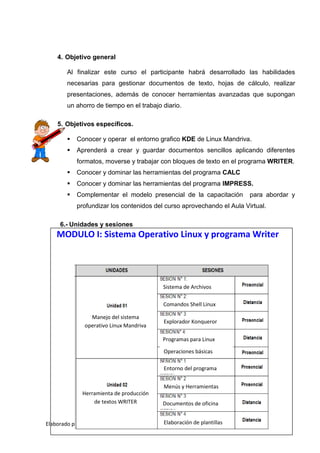 4. Objetivo general

        Al finalizar este curso el participante habrá desarrollado las habilidades
        necesarias para gestionar documentos de texto, hojas de cálculo, realizar
        presentaciones, además de conocer herramientas avanzadas que supongan
        un ahorro de tiempo en el trabajo diario.

    5. Objetivos específicos.

           Conocer y operar el entorno grafico KDE de Linux Mandriva.
           Aprenderá a crear y guardar documentos sencillos aplicando diferentes
            formatos, moverse y trabajar con bloques de texto en el programa WRITER.
           Conocer y dominar las herramientas del programa CALC
           Conocer y dominar las herramientas del programa IMPRESS.
           Complementar el modelo presencial de la capacitación           para abordar y
            profundizar los contenidos del curso aprovechando el Aula Virtual.

     6.- Unidades y sesiones
    MODULO I: Sistema Operativo Linux y programa Writer




                                               Sistema de Archivos
                                 I UNIDAD DIDACTICA
                                           Comandos Shell Linux
                       INTRODUCCION AL SISTEMA OPERATIVO GNU/LINUX
                 Manejo del sistema
                                           Explorador Konqueror
               operativo Linux Mandriva

                                               Programas para Linux

                                                Operaciones básicas

                                                Entorno del programa


                                                Menús y Herramientas
              Herramienta de producción
                  de textos WRITER             Documentos de oficina


                                               Elaboración de plantillas
Elaborado por: Ing. Alex Fernando Huillca Huamán
 