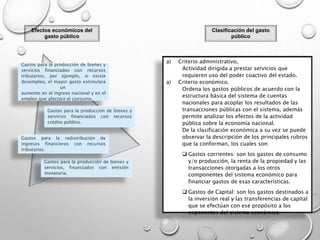 Efectos económicos del
gasto público
Gastos para la producción de bienes y
servicios financiados con recursos
tributarios, por ejemplo, si existe
desempleo, el mayor gasto estimulara
un
aumento en el ingreso nacional y en el
empleo que afectara el consumo.
Gastos para la producción de bienes y
servicios financiados con recursos
crédito público.
Gastos para la producción de bienes y
servicios, financiados con emisión
monetaria.
Gastos para la redistribución de
ingresos financieros con recursos
tributarios.
Clasificación del gasto
público
a) Criterio administrativo,
Actividad dirigida a prestar servicios que
requieren uso del poder coactivo del estado.
a) Criterio económico.
Ordena los gastos públicos de acuerdo con la
estructura básica del sistema de cuentas
nacionales para acoplar los resultados de las
transacciones públicas con el sistema, además
permite analizar los efectos de la actividad
pública sobre la economía nacional.
De la clasificación económica a su vez se puede
observar la descripción de los principales rubros
que la conforman, los cuales son:
 Gastos corrientes: son los gastos de consumo
y/o producción, la renta de la propiedad y las
transacciones otorgadas a los otros
componentes del sistema económico para
financiar gastos de esas características.
 Gastos de Capital: son los gastos destinados a
la inversión real y las transferencias de capital
que se efectúan con ese propósito a los
exponentes del sistema económico
 