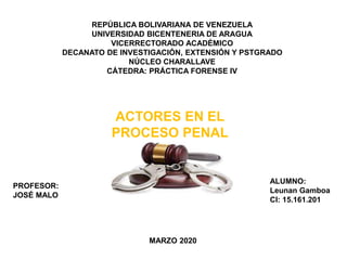 REPÚBLICA BOLIVARIANA DE VENEZUELA
UNIVERSIDAD BICENTENERIA DE ARAGUA
VICERRECTORADO ACADÉMICO
DECANATO DE INVESTIGACIÓN, EXTENSIÓN Y PSTGRADO
NÚCLEO CHARALLAVE
CÁTEDRA: PRÁCTICA FORENSE IV
PROFESOR:
JOSÉ MALO
ALUMNO:
Leunan Gamboa
CI: 15.161.201
MARZO 2020
ACTORES EN EL
PROCESO PENAL
 