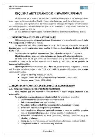 ARTE ISLÁMICO E HISPANOMUSULMÁN
HISTORIA DEL ARTE
Página 1 de 2
ESQUEMA ARTE ISLÁMICO E HISPANOMUSULMÁN
No introduce en la...