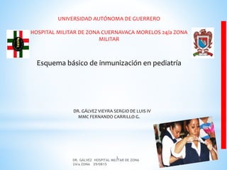 1
UNIVERSIDAD AUTÓNOMA DE GUERRERO
HOSPITAL MILITAR DE ZONA CUERNAVACA MORELOS 24/a ZONA
MILITAR
Esquema básico de inmunización en pediatría
DR. GÁLVEZ VIEYRA SERGIO DE LUIS IV
MMC FERNANDO CARRILLO G.
DR. GÁLVEZ HOSPITAL MILITAR DE ZONA
24/a ZONA 29/0815
 