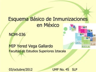 Esquema Básico de Inmunizaciones
          en México
NOM-036

MIP Yered Vega Gallardo
Facultad de Estudios Superiores Iztacala




03/octubre/2012               UMF No. 45 SLP
 