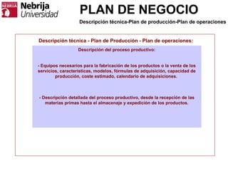 PLAN DE NEGOCIO
Descripción técnica - Plan de Producción - Plan de operaciones:
Descripción del proceso productivo:
- Equipos necesarios para la fabricación de los productos o la venta de los
servicios, características, modelos, fórmulas de adquisición, capacidad de
producción, coste estimado, calendario de adquisiciones.
- Descripción detallada del proceso productivo, desde la recepción de las
materias primas hasta el almacenaje y expedición de los productos.
Descripción técnica-Plan de producción-Plan de operaciones
 