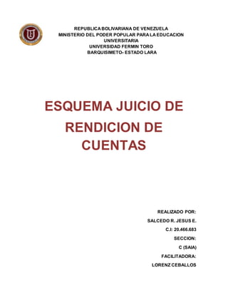 REPUBLICA BOLIVARIANA DE VENEZUELA
MINISTERIO DEL PODER POPULAR PARA LA EDUCACION
UNIVERSITARIA
UNIVERSIDAD FERMIN TORO
BARQUISIMETO- ESTADO LARA
ESQUEMA JUICIO DE
RENDICION DE
CUENTAS
REALIZADO POR:
SALCEDO R. JESUS E.
C.I: 20.466.683
SECCION:
C (SAIA)
FACILITADORA:
LORENZ CEBALLOS
 