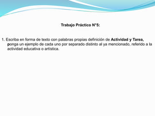 Trabajo Práctico N°5:

1. Escriba en forma de texto con palabras propias definición de Actividad y Tarea,
ponga un ejemplo de cada uno por separado distinto al ya mencionado, referido a la
actividad educativa o artística.

 