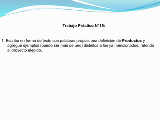 Trabajo Práctico N°15:

1. Escriba en forma de texto con palabras propias una definición de Productos y
agregue ejemplos (puede ser más de uno) distintos a los ya mencionados, referido
al proyecto elegido.

 