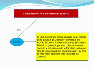 i) Localización física o cobertura espacial

Como

EJEMPLO

El Club de Ciencia estará ubicado en el edificio
de la facultad de Ciencia y Tecnología del
PUCE, SC, en la Ciudad de Cuenca (Ecuador).
Tendrá un primer lugar una cobertura a nivel
docente y estudiantes de la Facultad, así como
toda la Universidad. En segundo lugar, su área
de influencia abarcará toda la ciudad de
Cuenca.

 