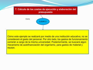 7. Cálculo de los costos de ejecución y elaboración del
presupuesto
Como

EJEMPLO

Cómo este ejemplo se realizará por medio de una institución educativa, no se
considerará el gasto del personal. Por otro lado, los gastos de funcionamiento
correrán a cargo de la misma universidad. Posteriormente, se buscará algún
mecanismo de autofinanciación del organismo, para gastos de material y
equipo.

 