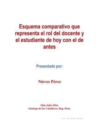 ` L i c . N i e v e s P é r e z
Esquema comparativo que
representa el rol del docente y
el estudiante de hoy con el de
antes
Presentado por:
Nieves Pérez
02de Julio 2016,
Santiago de los Caballeros, Rep. Dom.
 