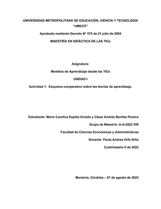 UNIVERSIDAD METROPOLITANA DE EDUCACIÓN, CIENCIA Y TECNOLOGÍA
“UMECIT”
Aprobada mediante Decreto N° 575 de 21 julio de 2004
MAESTRÍA EN DIDÁCTICA DE LAS TICs
Asignatura:
Modelos de Aprendizaje desde las TICs
UNIDAD I
Actividad 1: Esquema comparativo sobre las teorías de aprendizaje.
Estudiante: María Carolina Espitia Oviedo y César Andrés Benítez Pereira
Grupo de Maestría: A-A-2022 VIR
Facultad de Ciencias Económicas y Administrativas
Docente: Paula Andrea Orfa Ortiz
Cuatrimestre II de 2022
Montería, Córdoba – 07 de agosto de 2022
 