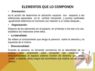 ELEMENTOS QUE LO COMPONEN
•   Orientación:
es la acción de determinar la ubicación corporal con respecto a las
referencias espaciales en la vertical, horizontal y puntos cardinales
,igualmente determina el momento con relación a un antes después .
•   Organización:
Dispone de los elementos en el espacio, en el tiempo o los dos a la vez,
establece las relaciones entre ellos.
• La lateralidad:
Se refiere al conocimiento que tenga la persona sobre la derecha y la
izquierda de si mismo.
• Direccionalidad:
Cuando la persona va tomando conciencia de la lateralidad de su
cuerpo, esta preparada para proyectar las nociones de
direccionalidades al espacio exterior (noción de derecha ,izq., abajo
,arriba, a delante ,atrás) según las actividades que realice con su propio
cuerpo.
 
