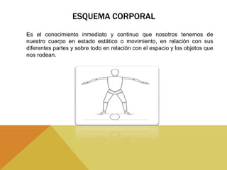 ESQUEMA CORPORAL
Es el conocimiento inmediato y continuo que nosotros tenemos de
nuestro cuerpo en estado estático o movimiento, en relación con sus
diferentes partes y sobre todo en relación con el espacio y los objetos que
nos rodean.
 