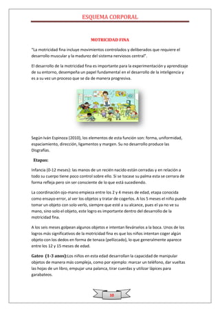 ESQUEMA CORPORAL


                                 MOTRICIDAD FINA

“La motricidad fina incluye movimientos controlados y deliberados que requiere el
desarrollo muscular y la madurez del sistema nerviosos central”.

El desarrollo de la motricidad fina es importante para la experimentación y aprendizaje
de su entorno, desempeña un papel fundamental en el desarrollo de la inteligencia y
es a su vez un proceso que se da de manera progresiva.




Según Iván Espinoza (2010), los elementos de esta función son: forma, uniformidad,
espaciamiento, dirección, ligamentos y margen. Su no desarrollo produce las
Disgrafías.

 Etapas:

Infancia (0-12 meses): las manos de un recién nacido están cerradas y en relación a
todo su cuerpo tiene poco control sobre ello. Si se tocase su palma esta se cerrara de
forma refleja pero sin ser consciente de lo que está sucediendo.

La coordinación ojo-mano empieza entre los 2 y 4 meses de edad, etapa conocida
como ensayo-error, al ver los objetos y tratar de cogerlos. A los 5 meses el niño puede
tomar un objeto con solo verlo, siempre que esté a su alcance, pues el ya no ve su
mano, sino solo el objeto, este logro es importante dentro del desarrollo de la
motricidad fina.

A los seis meses golpean algunos objetos e intentan llevárselos a la boca. Unos de los
logros más significativos de la motricidad fina es que los niños intentan coger algún
objeto con los dedos en forma de tenaza (pellizcado), lo que generalmente aparece
entre los 12 y 15 meses de edad.

Gateo (1-3 anos):Los niños en esta edad desarrollan la capacidad de manipular
objetos de manera más compleja, como por ejemplo: marcar un teléfono, dar vueltas
las hojas de un libro, empujar una palanca, tirar cuerdas y utilizar lápices para
garabateos.



                                            10
 