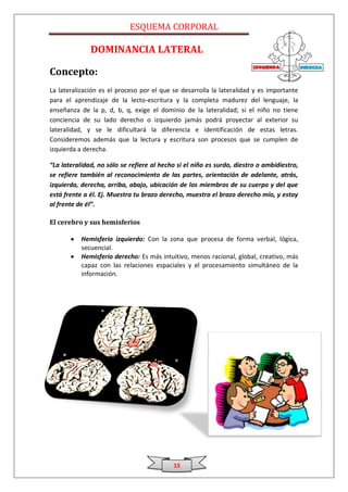 ESQUEMA CORPORAL

              DOMINANCIA LATERAL

Concepto:
La lateralización es el proceso por el que se desarrolla la lateralidad y es importante
para el aprendizaje de la lecto-escritura y la completa madurez del lenguaje, la
enseñanza de la p, d, b, q, exige el dominio de la lateralidad; si el niño no tiene
conciencia de su lado derecho o izquierdo jamás podrá proyectar al exterior su
lateralidad, y se le dificultará la diferencia e identificación de estas letras.
Consideremos además que la lectura y escritura son procesos que se cumplen de
izquierda a derecha.

“La lateralidad, no sólo se refiere al hecho si el niño es surdo, diestro o ambidiestro,
se refiere también al reconocimiento de las partes, orientación de adelante, atrás,
izquierda, derecha, arriba, abajo, ubicación de los miembros de su cuerpo y del que
está frente a él. Ej. Muestra tu brazo derecho, muestra el brazo derecho mío, y estoy
al frente de él”.

El cerebro y sus hemisferios

           Hemisferio izquierdo: Con la zona que procesa de forma verbal, lógica,
           secuencial.
           Hemisferio derecho: Es más intuitivo, menos racional, global, creativo, más
           capaz con las relaciones espaciales y el procesamiento simultáneo de la
           información.




                                           15
 