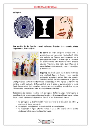 ESQUEMA CORPORAL

Ejemplos:




Por medio de la función visual podemos detectar tres características
importantes de un objeto.

                                     El color: el color enriquece nuestra vida al
                                     proporcionar una experiencia visual natural. Existe
                                     una variedad de factores que intervienen en la
                                     percepción del color. El primer lugar el color nos
                                     da la sensación de estar delante o detrás de otros
                                     colores. Finalmente otro factor que influye es la
                                     capacidad para distinguir entre colores cromáticos
                                     y acromáticos.

                                     Figura y fondo : la visión puede darse dentro de
                                     una dualidad figura y fondo , pues cuando
                                     prestamos atención a alguna figura de nuestro
                                     alrededor lo que hacemos realmente es percibir
una figura sobre un fondo indeterminado constituido por otras figuras. El individuo no
tiende a percibir estímulos de forma aislada sino de otros, lo que se constituye como
fondo .lo que quiere decir que el ser humano reconoce un objeto agrupándolo a otros
tantos con los comparte una serie de características comunes .

Percepción de formas: consiste en la percepción de formas vagas hasta llegar a la
identificación de rasgos característicos de las letras, números y palabras, lo que implica
llegar a reunir elementos que permitan identificar una determinada formas.

       La percepción y discriminación visual con lleva a la confusión de letras y
       números de forma semejante.
       La memoria visual permite el aparecimiento de las omisiones.
       La percepción de figura y fondo, cuando se usa la letra cursiva o mano escrita
       dará origen al no cruzamiento de los rasgos.




                                            21
 