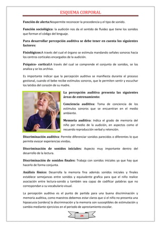 ESQUEMA CORPORAL

Función de alerta:Nospermite reconocer la procedencia y el tipo de sonido.

Función sociológica: la audición nos da el sentido de fluidez que tiene los sonidos
que forman el código del lenguaje.

Para desarrollar percepción auditiva se debe tener en cuenta los siguientes
factores:

Fisiológicos:A través del cual el órgano se estimula mandando señales sonoras hacia
los centros corticales encargados de la audición.

Psíquico- cortical:A través del cual se comprende el conjunto de sonidos, se los
analiza y se los archiva.

Es importante indicar que la percepción auditiva se manifiesta durante el proceso
gestional, cuando el bebe recibe estímulos sonoros, que le permiten sentir y escuchar
los latidos del corazón de su madre.

                              La percepción auditiva presenta las siguientes
                              áreas de entrenamiento:

                              Conciencia auditiva: Toma de conciencia de los
                              estímulos sonoros que se encuentran en el medio
                              ambiente.

                              Memoria auditiva: Indica el grado de memoria del
                              niño por medio de la audición, en aspectos como el
                              recuerdo reproducción verbal y retención.

Discriminación auditiva: Permite diferenciar sonidos parecidos o diferentes lo que
permite evocar experiencias vividas.

Discriminación de sonidos iníciales: Aspecto muy importante dentro del
desarrollo de la lectura.

Discriminación de sonidos finales: Trabaja con sonidos iníciales ya que hay que
hacerlo de forma conjunta.

Análisis fónico: Desarrolla la memoria fina además sonidos iníciales y finales
establece semejanzas entre sonidos y equivalente grafica para que el niño realice
asociación entre lectura-sonido y también sea capaz de codificar palabras que no
correspondan a su vocabulario visual.

La percepción auditiva es el punto de partida para una buena discriminación y
memoria auditiva, como maestros debemos estar claros que si el niño no presenta una
hipoacusia (sordera) la discriminación y la memoria son susceptibles de estimulación y
cambio mediante ejercicios en el periodo de aprestamiento escolar.

                                          24
 