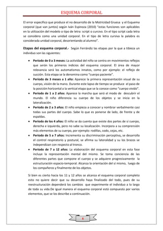 ESQUEMA CORPORAL

El error especifico que produce el no desarrollo de la Motricidad Gruesa y el Esquema
corporal (que van juntos) según Iván Espinoza (2010) “estas funciones son aplicables
en la utilización del modelo o tipo de letra: script o cursivo. En el tipo script cada letra
se considera como una unidad corporal. En el tipo de letra cursiva la palabra es
considerada unidad corporal, desorientando al alumno”.

Etapas del esquema corporal .- Según Ferrándiz las etapas por la que a tibieza un
individuo son las siguientes:

       Periodo de 0 a 3 meses: La actividad del niño se centra en movimientos reflejos
       que serán los primeros indicios del esquema corporal. El área de mayor
       relevancia será los automatismos innatos, como por ejemplo: el reflejo de
       succión. Esta etapa se la denomina como “cuerpo paciente”.
       Periodo de 3 meses a 1 año: Aparece la primera representación visual de su
       cuerpo, visión de la mano. Durante este lapso de tiempo se produce el paso de
       la posición horizontal a la vertical etapa que se la conoce como “cuerpo vivido”.
       Periodo de 1 a 2 años: Aparece la marcha que será el modo de descubrir el
       mundo. El niño diferencia su cuerpo de los objetos y se inicia en la
       lateralización.
       Periodo de 2 a 3 años: El niño empieza a conocer y nombrar verbalmente casi
       todas sus partes del cuerpo. Sabe lo que es ponerse de lado, de frente y de
       espaldas.
       Periodo de los 4 años: El niño se da cuenta que existe dos partes de si cuerpo,
       derecha e izquierda, pero no sabe su localización. Incorpora a su comprensión
       más elementos de su cuerpo, por ejemplo: rodillas, codo, cejas, etc.
       Periodo de 5 a 7 años: Incrementa su discriminación perceptiva, se desarrolla
       el control respiratorio y postural, se afirma su lateralidad y su los brazos se
       independizan con respecto al tronco.
       Periodo de 7 a 12 años: La elaboración del esquema corporal en esta fase
       incluye la representación mental del mismo. Se toma conciencia de las
       diferentes partes que compone el cuerpo y se adquiere progresivamente la
       estructuración espacio-temporal. Alcanza la orientación del sí mismo, luego de
       los compañeros y finalmente de los objetos.

   Si bien es cierto hacia los 11 y 12 años se alcanza el esquema corporal completo
   esto no quiere decir que su desarrollo haya finalizado del todo, pues de su
   reestructuración dependerá los cambios que experimente el individuo a lo largo
   de toda su vida.De igual manera el esquema corporal está compuesto por varios
   elementos, que se los describe a continuación.




                                              6
 