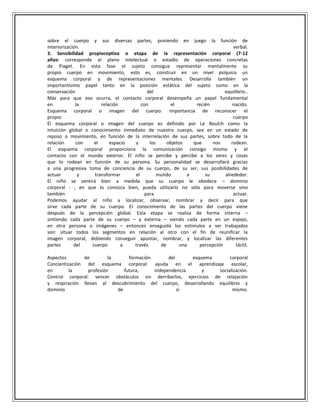 sobre el cuerpo y sus diversas partes, poniendo en juego la función de
interiorización.
verbal.
3. Sensibilidad propioceptiva o etapa de la representación corporal (7-12
años: corresponde al plano intelectual o estadío de operaciones concretas
de Piaget. En esta fase el sujeto consigue representar mentalmente su
propio cuerpo en movimiento, esto es, construir en un nivel psíquico un
esquema corporal y de representaciones mentales. Desarrolla también un
importantísimo papel tanto en la posición estática del sujeto como en la
conservación
del
equilibrio..
Más para que eso ocurra, el contacto corporal desempeña un papel fundamental
en
la
relación
con
el
recién
nacido.
Esquema corporal o imagen del cuerpo. Importancia de reconocer el
propio
cuerpo
El esquema corporal o imagen del cuerpo es definido por Le Boulch como la
intuición global o conocimiento inmediato de nuestro cuerpo, sea en un estado de
reposo o movimiento, en función de la interrelación de sus partes, sobre todo de la
relación
con
el
espacio
y
los
objetos
que
nos
rodean.
El esquema corporal proporciona la comunicación consigo mismo y el
contacto con el mundo exterior. El niño se percibe y percibe a los seres y cosas
que lo rodean en función de su persona. Su personalidad se desarrollará gracias
a una progresiva toma de conciencia de su cuerpo, de su ser, sus posibilidades de
actuar
y
transformar
el
mundo
a
su
alrededor.
El niño se sentirá bien a medida que su cuerpo le obedece – dominio
corporal - , en que lo conozca bien, pueda utilizarlo no sólo para moverse sino
también
para
actuar.
Podemos ayudar al niño a localizar, observar, nombrar y decir para que
sirve cada parte de su cuerpo. El conocimiento de las partes del cuerpo viene
después de la percepción global. Esta etapa se realiza de forma interna –
sintiendo cada parte de su cuerpo – y externa – viendo cada parte en un espejo,
en otra persona o imágenes – entonces enseguida los estímulos a ser trabajados
son: situar todos los segmentos en relación al otro con el fin de reunificar la
imagen corporal, debiendo conseguir apuntar, nombrar, y localizar las diferentes
partes
del
cuerpo
a
través
de
una
percepción
táctil.
Aspectos
de
la
formación
del
esquema
corporal
Concientización del esquema corporal: ayuda en el aprendizaje escolar,
en
la
profesión
futura,
independencia
y
socialización.
Control corporal: vencer obstáculos sin derribarlos, ejercicios de relajación
y respiración llevan al descubrimiento del cuerpo, desarrollando equilibrio y
dominio
de
sí
mismo.

 