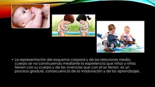 • La representación del esquema corporal y de las relaciones medio-
cuerpo se va construyendo mediante la experiencia que niños y niñas
tienen con su cuerpo y de las vivencias que con el se tienen, es un
proceso gradual, consecuencia de la maduración y de los aprendizajes.
 