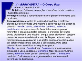 V – BRINCADEIRA – O Corpo Fala    Idade:  a partir de   4 anos. Objetivos:  Estimular  a atenção, a memória, pronta reação e  habilidades motoras. Formação:  Alunos à vontade pela sala e o professor de frente para os alunos. Desenvolvimento:  Antes de iniciar a brincadeira, o professor explica que será contada uma história e cada vez que ele disser as palavras:  mamãe, cavalo, passarinho ,  comendo, bebendo, caminhando ; os alunos deverão fazer determinados gestos referentes a cada uma destas palavras; o professor deverá ter criado previamente uma história  em que estes elementos  estejam presentes, com uma relativa frequencia. Depois de terem sido memorizadas estas palavras e os gestos correspondentes, podem ser acrescentadas mais palavras e seus gestos. Para estas palavras foram escolhidos as seguintes gestos: Mamãe - dar tchau;  Cavalo - trotar;  Passarinho - abanar as mãos, simulando o vôo de pássaros;  Comendo - fazer gestos simulando comer;  Bebendo - fazer gestos, simulando beber;  Caminhando -caminhar. O aluno que errar o gesto ou demorar a executá-lo deverá sair da brincadeira.   