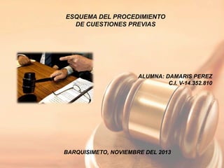 ESQUEMA DEL PROCEDIMIENTO
DE CUESTIONES PREVIAS
ALUMNA: DAMARIS PEREZ
C.I. V-14.352.810
BARQUISIMETO, NOVIEMBRE DEL 2013
 