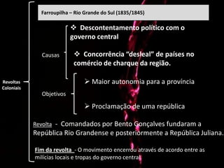 Farroupilha – Rio Grande do Sul (1835/1845)

                           Descontentamento político com o
                          governo central

              Causas        Concorrência “desleal” de países no
                           comércio de charque da região.

Revoltas                        Maior autonomia para a província
Coloniais
              Objetivos

                                Proclamação de uma república

            Revolta - Comandados por Bento Gonçalves fundaram a
            República Rio Grandense e posteriormente a República Juliana.

            Fim da revolta - O movimento encerrou através de acordo entre as
            milícias locais e tropas do governo central.
 