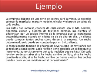 La empresa dispone de una serie de coches para su venta. Se necesita
conocer la matrícula, marca y modelo, el color y el precio de venta de
cada coche.
Los datos que interesa conocer de cada cliente son el NIF, nombre,
dirección, ciudad y número de teléfono: además, los clientes se
diferencian por un código interno de la empresa que se incrementa
automáticamente cuando un cliente se da de alta en ella. Un cliente
puede comprar tantos coches como desee a la empresa. Un coche
determinado solo puede ser comprado por un único cliente.
El concesionario también se encarga de llevar a cabo las revisiones que
se realizan a cada coche. Cada revisión tiene asociado un código que se
incrementa automáticamente por cada revisión que se haga. De cada
revisión se desea saber si se ha hecho cambio de filtro, si se ha hecho
cambio de aceite, si se ha hecho cambio de frenos u otros. Los coches
pueden pasar varias revisiones en el concesionario”.
www.slideshare.net/emergar 2017
 