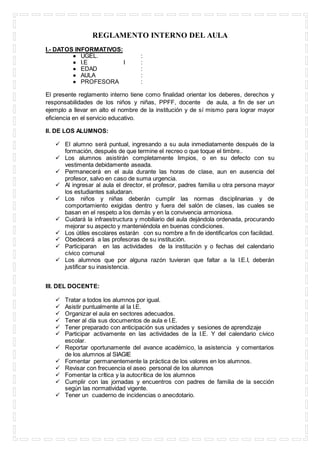 REGLAMENTO INTERNO DEL AULA
I.- DATOS INFORMATIVOS:
 UGEL. :
 I.E I :
 EDAD :
 AULA :
 PROFESORA :
El presente reglamento interno tiene como finalidad orientar los deberes, derechos y
responsabilidades de los niños y niñas, PPFF, docente de aula, a fin de ser un
ejemplo a llevar en alto el nombre de la institución y de sí mismo para lograr mayor
eficiencia en el servicio educativo.
II. DE LOS ALUMNOS:
 El alumno será puntual, ingresando a su aula inmediatamente después de la
formación, después de que termine el recreo o que toque el timbre..
 Los alumnos asistirán completamente limpios, o en su defecto con su
vestimenta debidamente aseada.
 Permanecerá en el aula durante las horas de clase, aun en ausencia del
profesor, salvo en caso de suma urgencia.
 Al ingresar al aula el director, el profesor, padres familia u otra persona mayor
los estudiantes saludaran.
 Los niños y niñas deberán cumplir las normas disciplinarias y de
comportamiento exigidas dentro y fuera del salón de clases, las cuales se
basan en el respeto a los demás y en la convivencia armoniosa.
 Cuidará la infraestructura y mobiliario del aula dejándola ordenada, procurando
mejorar su aspecto y manteniéndola en buenas condiciones.
 Los útiles escolares estarán con su nombre a fin de identificarlos con facilidad.
 Obedecerá a las profesoras de su institución.
 Participaran en las actividades de la institución y o fechas del calendario
cívico comunal
 Los alumnos que por alguna razón tuvieran que faltar a la I.E.I, deberán
justificar su inasistencia.
III. DEL DOCENTE:
 Tratar a todos los alumnos por igual.
 Asistir puntualmente al la I.E.
 Organizar el aula en sectores adecuados.
 Tener al día sus documentos de aula e I.E.
 Tener preparado con anticipación sus unidades y sesiones de aprendizaje
 Participar activamente en las actividades de la I.E. Y del calendario cívico
escolar.
 Reportar oportunamente del avance académico, la asistencia y comentarios
de los alumnos al SIAGIE
 Fomentar permanentemente la práctica de los valores en los alumnos.
 Revisar con frecuencia el aseo personal de los alumnos
 Fomentar la crítica y la autocrítica de los alumnos
 Cumplir con las jornadas y encuentros con padres de familia de la sección
según las normatividad vigente.
 Tener un cuaderno de incidencias o anecdotario.
 
