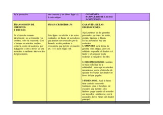 de la prestación. mas onerosa y en último lugar c)
la más antigua.
CONSENSUS
8-CONCURSO DE CAUSAS
9-CONFUSIÓN
TRANSMISIÓN DE
CRÉDITOS
Y DEUDAS
En el derecho romano
inicialmente no se transmite los
créditos, solo via sucesoria. Con
el tiempo se articulan medios
como la cesión de acciones, por
delegación a otro a través de una
novación o mediante intervención
del procurador.
FRAUS CREDITORUM
Esta figura va referida a los actos
realizados en fraude de acreedores
que pueden ser revocados por la
llamada acción pauliana o
revocatoria que pervive en nuestro
art. 1111 del Código civil.
GARANTIA DE LAS
OBLIGACIONES.
Aquí partimos de las garantías
personales ya vimos las reales,
prenda, hipoteca y fiducia.
En las personales hay una
evolución
1. SPONSIO: es la forma de
garantía más antigua, pero era
solidaria respondía el deudor o el
fiador y el acreedor podía
reclamar a cualquiera de ellos.
2. FIDEIPROMISSIO: también
se basa en la idea de la
solidaridad, pero aquí se articulan
mecanismos como el derecho de
ejecutar los bienes del deudor en
favor del que pagaba.
3 FIDEIUSSIO. Aquí la fianza
tiene carácter accesorio
Justiniano crea el beneficio de
excusión que permite a los
fiadores pagar cuando al acreedor
sea imposible satisfacerse con la
ejecución de los bienes del deudor
principal.
 