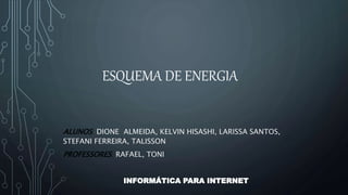 ESQUEMA DE ENERGIA
ALUNOS: DIONE ALMEIDA, KELVIN HISASHI, LARISSA SANTOS,
STEFANI FERREIRA, TALISSON
PROFESSORES: RAFAEL, TONI
INFORMÁTICA PARA INTERNET
 