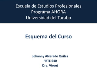 Escuela de Estudios Profesionales 
Programa AHORA 
Universidad del Turabo 
Esquema del Curso 
Johanny Alvarado Quiles 
PRTE 640 
Dra. Viruet 
 