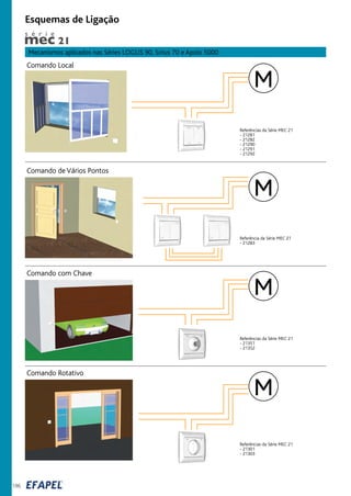 196
Comando Local
Comando de Vários Pontos
Comando com Chave
Comando Rotativo
Referências da Série MEC 21
- 21281
- 21282
- 21290
- 21291
- 21292
Referência da Série MEC 21
- 21283
Referências da Série MEC 21
- 21351
- 21352
Referências da Série MEC 21
- 21301
- 21303
Esquemas de Ligação
Mecanismos aplicados nas Séries LOGUS 90, Sirius 70 e Apolo 5000
M
M
M
M
s é r i e
 