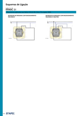 198
INVERSOR DE PERSIANA COM ENCRAVAMENTO
MECÂNICO
10A 250V
INVERSOR DE PERSIANA COM ENCRAVAMENTO
MECÂNICO E NEUTRO
10A 250V
Esquemas de Ligação
Mecanismos aplicados nas Séries LOGUS 90, Sirius 70 e Apolo 5000
s é r i e
 