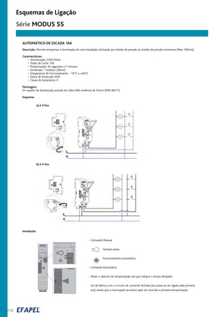 210
Descrição: Permite temporizar a iluminação de uma instalação.Activação por botões de pressão ou botões de pressão luminosos (Max. 500mA).
Características:
• Alimentação: 230V/50Hz
• Poder de Corte: 10A
• Temporização: 45 segundos a 7 minutos
• Dimensão: 1 módulo (18mm)
• Temperatura de Funcionamento: -10ºC a +60ºC
• Índice de Protecção: IP20
• Classe de Isolamento: II
Montagem:
Em quadro de distribuição provido de Calha DIN simétrica de 35mm (DIN 46277).
Esquema:
a) A 3 fios
b) A 4 fios
AUTOMÁTICO DE ESCADA 10A
Esquemas de Ligação
Instalação:
- Comando Manual
Sempre aceso
Funcionamento automático
- Comando Automático
- Rodar o selector de temporização até que indique o tempo desejado.
- Sai de fábrica com o circuito de comando fechado (luz acesa ao ser ligado pela primeira
vez), sendo que a interrupção acontece após ter ocorrido a primeira temporização.
Série MODUS 55
 