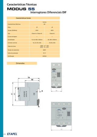 226
Interruptores Diferenciais DIF
Características Gerais
Gamas
Características Eléctricas DIF
Pólos 2P 4P
Tensão (50/60Hz) 230V 400V
Tipo Classe A e Classe AC Classe AC
Curvas de disparo -- --
Sensibilidade 10, 30, 300 e 500mA 30, 300 e 500mA
Corrente nominal 16, 25, 40 e 63A 25,40 e 63A
500A - In ² 50A
630A - In = 63A
Tensão de isolamento 660V
Índice de protecção IP 21
Certificação SEMKO
Poder de Corte
Dimensões
MODUS 55
s é r i e
Características Técnicas
 