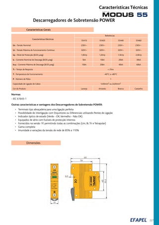 227
Descarregadores de Sobretensão POWER
Características Gerais
Referências
55410 55420 55440 55460
Un - Tensão Nominal 230V~ 230V~ 230V~ 230V~
Uc - Tensão Máxima de Funcionamento Contínuo 320V~ 320V~ 320V~ 320V~
Up - Nível de Protecção (8/20 µseg) 1,0kVp 1,2kVp 1,5kVp 2,0kVp
In - Corrente Nominal de Descarga (8/20 µseg) 5kA 10kA 20kA 30kA
Imax - Corrente Máxima de Descarga (8/20 µseg) 10kA 20kA 40kA 60kA
Tr - Tempo de Resposta < 25ns
T - Temperatura de Funcionamento -40ºC a +80ºC
P - Número de Pólos 1
Capacidade de Ligação de Cabos 1x50mm2 ou 2x20mm2
Cor do Produto Laranja Amarelo Branco Castanho
Características Eléctricas
Normas
- IEC 61643-1
Outras características e vantagens dos Descarregadores de Sobretensão POWER:
• Terminais tipo abraçadeira para uma ligação perfeita
• Possibilidade de interligação com Disjuntores ou Diferenciais utilizando Pentes de Ligação
• Indicador óptico de estado (Verde - OK,Vermelho - Não OK)
• Equipados de série com fusíveis de protecção internos
• Fornecidos na versão 1P, permitindo todas as combinações (Uni, Bi,Tri e Tetrapolar)
• Gama completa
• Imunidade a variações da tensão de rede de 85% a 110%
Dimensões
MODUS 55
s é r i e
Características Técnicas
 