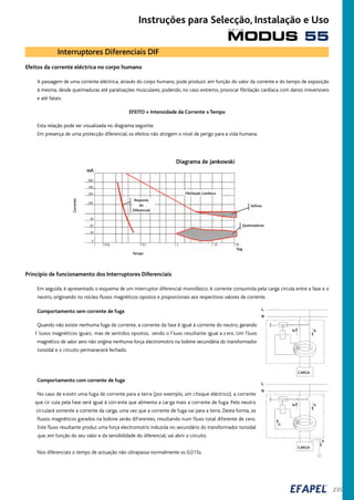 235
Interruptores Diferenciais DIF
Efeitos da corrente eléctrica no corpo humano
A passagem de uma corrente eléctrica, através do corpo humano, pode produzir, em função do valor da corrente e do tempo de exposição
à mesma, desde queimaduras até paralisações musculares, podendo, no caso extremo, provocar fibrilação cardíaca com danos irreversíveis
e até fatais.
EFEITO = Intensidade da Corrente x Tempo
Esta relação pode ser visualizada no diagrama seguinte.
Em presença de uma protecção diferencial, os efeitos não atingem o nível de perigo para a vida humana.
Princípio de funcionamento dos Interruptores Diferenciais
Em seguida, é apresentado o esquema de um interruptor diferencial monofásico. A corrente consumida pela carga circula entre a fase e o
neutro, originando no núcleo fluxos magnéticos opostos e proporcionais aos respectivos valores de corrente.
Comportamento sem corrente de fuga
Quando não existe nenhuma fuga de corrente, a corrente da fase é igual à corrente do neutro, gerando
f luxos magnéticos iguais, mas de sentidos opostos, sendo o f luxo resultante igual a z ero. Um fluxo
magnético de valor zero não origina nenhuma força electromotriz na bobine secundária do transformador
toroidal e o circuito permanecerá fechado.
Comportamento com corrente de fuga
No caso de existir uma fuga de corrente para a terra (por exemplo, um choque eléctrico), a corrente
que cir cula pela fase será igual à corr ente que alimenta a carga mais a corrente de fuga. Pelo neutro
circulará somente a corrente da carga, uma vez que a corrente de fuga vai para a terra. Desta forma, os
fluxos magnéticos gerados na bobine serão dif erentes, resultando num fluxo total diferente de zero.
Este fluxo resultante produz uma força electromotriz induzida no secundário do transformador toroidal
que, em função do seu valor e da sensibilidade do diferencial, vai abrir o circuito.
Nos diferenciais o tempo de actuação não ultrapassa normalmente os 0,015s.
Asfixia
Queimaduras
Seg.
Fibrilação Cardíaca
Resposta
do
Diferencial
CARGA
CARGA
Tempo
Corrente
Diagrama de Jankowski
MODUS 55
s é r i e
Instruções para Selecção, Instalação e Uso
 