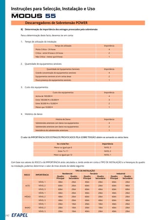 Residencial Terciária Industrial
Quadro Quadro Quadro Quadro Quadro Quadro
Principal Secundário Principal Secundário Principal Secundário
NÍVEL 1 40kA 20kA 40kA 20kA 60kA 20kA
ALTO NÍVEL 2 60kA 20kA 60kA 20kA 60kA 40kA
NÍVEL 3 60kA 20kA 60kA 40kA 60kA 60kA
NÍVEL 1 40kA 20kA 40kA 20kA 40kA 20kA
MÉDIO NÍVEL 2 40kA 20kA 60kA 20kA 60kA 20kA
NÍVEL 3 40kA 20kA 60kA 40kA 60kA 40kA
NÍVEL 1 20kA 10kA 20kA 10kA 40kA 20kA
BAIXO NÍVEL 2 20kA 10kA 20kA 10kA 40kA 20kA
NÍVEL 3 20kA 10kA 40KA 20kA 40kA 20kA
B) Determinação da importância dos estragos provocados pela sobretensão
Para a determinação deste facto, devemos ter em conta:
1. Tempo de utilização da instalação
Tempo de utilização Importância
Muito Crítica - 24 horas 4
Crítica - entre 8 horas e 24 horas 2
Não Crítica - menor que 8 horas 1
2. Quantidade de equipamentos sensíveis
Quantidade de Equipamentos Sensíveis Importância
Grande concentração de equipamentos sensíveis 4
Equipamentos sensíveis só em certas áreas 2
Pouca presença de equipamentos sensíveis 1
3. Custo dos equipamentos
Custo dos equipamentos Importância
Acima de 100.000 ¤ 4
Entre 100.000 ¤ e 30.000 ¤ 3
Entre 30.000 ¤ e 10.000 ¤ 2
Menor que 10.000 ¤ 1
4. Histórico de danos
História de Danos Importância
Sobretensões anteriores com danos nos equipamentos 4
Sobretensões anteriores sem danos nos equipamentos 2
Inexistência de sobretensões anteriores 1
O valor da IMPORTÂNCIA DOS ESTRAGOS PROVOCADOS PELA SOBRE TENSÃO obtém-se somando os vários itens:
Se o total for: Importância
Menor ou igual que 6 NíVEL 3
Entre 7 e 11 NíVEL 2
Maior ou Igual que 12 NíVEL 1
Com base nos valores do RISCO e da IMPORTÂNCIA atrás calculados e, tendo ainda em conta o TIPO DE INSTALAÇÃO e a hierarquia do quadro
na instalação, podemos determinar o valor de Imax através da tabela seguinte:
IMPORTÂNCIA
TIPO DE INSTALAÇÃO
RISCO
Descarregadores de Sobretensão POWER
242
MODUS 55
s é r i e
Instruções para Selecção, Instalação e Uso
 