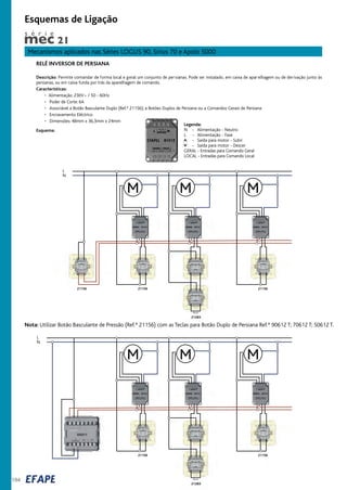 194
Mecanismos aplicados nas Séries LOGUS 90, Sirius 70 e Apolo 5000
Esquemas de Ligação
RELÉ INVERSOR DE PERSIANA
Descrição: Permite comandar de forma local e geral um conjunto de persianas. Pode ser instalado, em caixa de aparelhagem ou de derivação junto às
persianas, ou em caixa funda por trás da aparelhagem de comando.
Características:
• Alimentação: 230V~ / 50 - 60Hz
• Poder de Corte: 6A
• Associável a Botão Basculante Duplo (Ref.ª 21156); a Botões Duplos de Persiana ou a Comandos Gerais de Persiana
• Encravamento Eléctrico
• Dimensões: 48mm x 36,3mm x 24mm
L
N
Shunt
M MM
21156 21156
21283
21156
Legenda:
N - Alimentação - Neutro
L - Alimentação - Fase
- Saída para motor - Subir
- Saída para motor - Descer
GERAL - Entradas para Comando Geral
LOCAL - Entradas para Comando Local
L
N
Shunt
M MM
21156
21283
21156
Nota: Utilizar Botão Basculante de Pressão (Ref.ª 21156) com as Teclas para Botão Duplo de Persiana Ref.ª 90612 T; 70612 T; 50612 T.
XX311
s é r i e
Esquema:
 