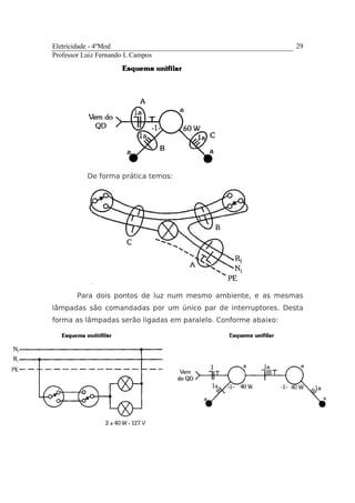 Eletricidade - 4ºMod
Professor Luiz Fernando L Campos
29
De forma prática temos:
Para dois pontos de luz num mesmo ambiente, e as mesmas
lâmpadas são comandadas por um único par de interruptores. Desta
forma as lâmpadas serão ligadas em paralelo. Conforme abaixo:
 