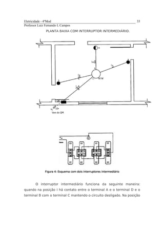 Eletricidade - 4ºMod
Professor Luiz Fernando L Campos
33
PLANTA BAIXA COM INTERRUPTOR INTERMEDIÁRIO.
FiguraFiguraFiguraFigura 4444: Esquema com dois interruptores intermediário: Esquema com dois interruptores intermediário: Esquema com dois interruptores intermediário: Esquema com dois interruptores intermediário
O interruptor intermediário funciona da seguinte maneira:
quando na posição I há contato entre o terminal A e o terminal D e o
terminal B com o terminal C mantendo o circuito desligado. Na posição
 
